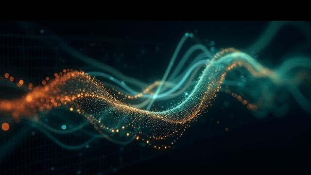 Un graphique complexe et artistique de visualisation de données, avec des courbes et des points esthétiques, sur un fond sombre.